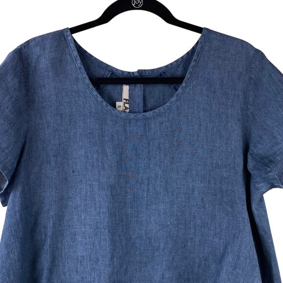 Flax 100% Linen Short Sleeve Tunic Top Size S Blue Button Back Lagenlook - Picture 2 of 8